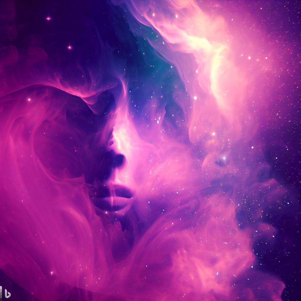 a pink and purple nebula with a human face 